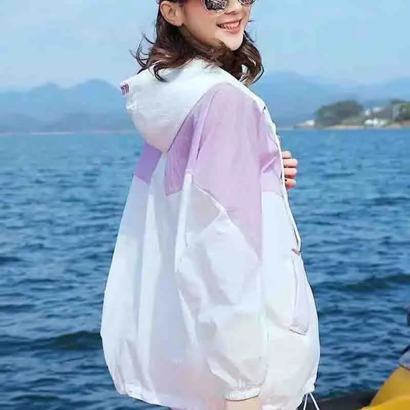 Korean Summer Female Hooded Splicing Long Sleeved Sun Protection Coat Women Students Loose Fitting Sunscreen Jacket 250611