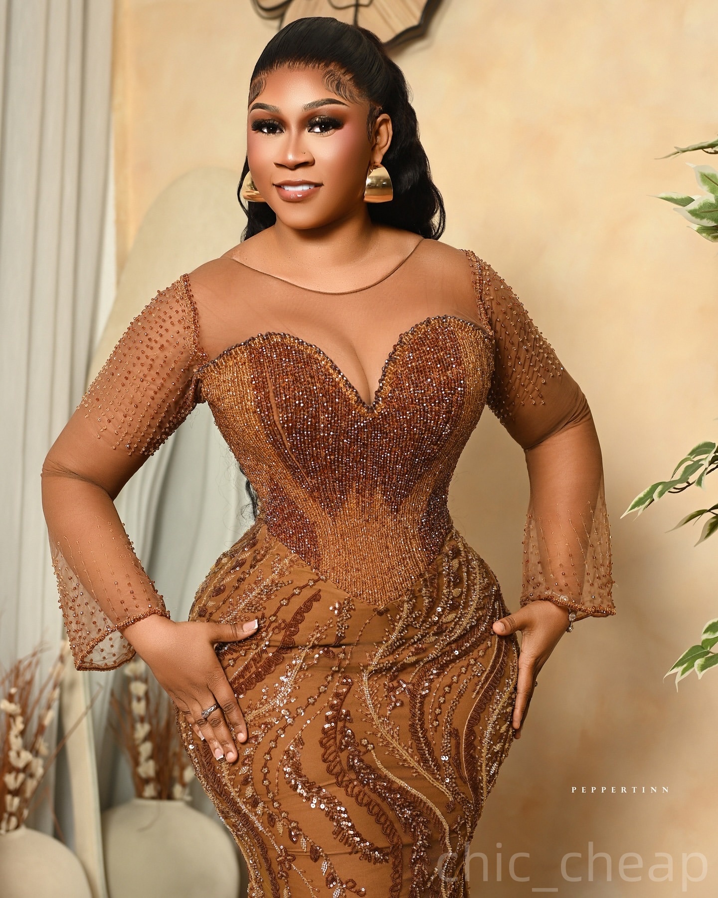 Mermaid Brown Prom Dresses 2025 Beaded Sequined Sheer Neck Illusion Evening Formal Party Second Birthday Engagement Gowns Plus Size Dress For Special 