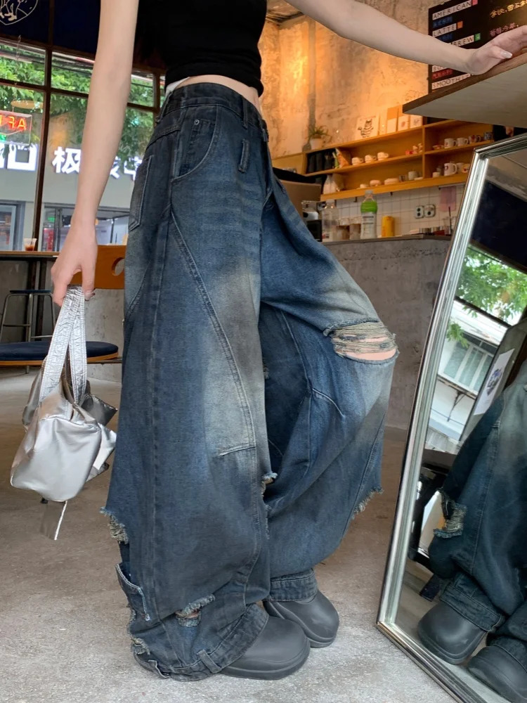 Y2K Clothing Grunge Dirty Washed Blue Old Baggy Stacked Ripped Jeans Pants For Women Wide Leg Punk Lady Denim Trousers 250612