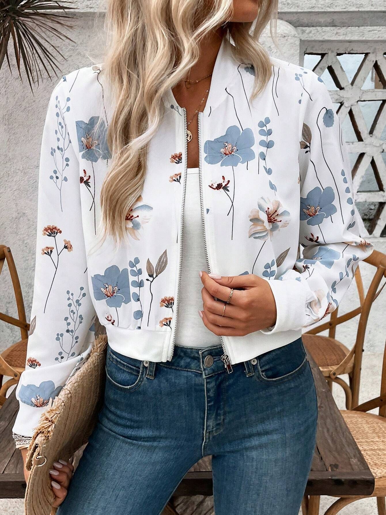 Summer women's fashionable white floral print zipper short-sleeved baseball jacket