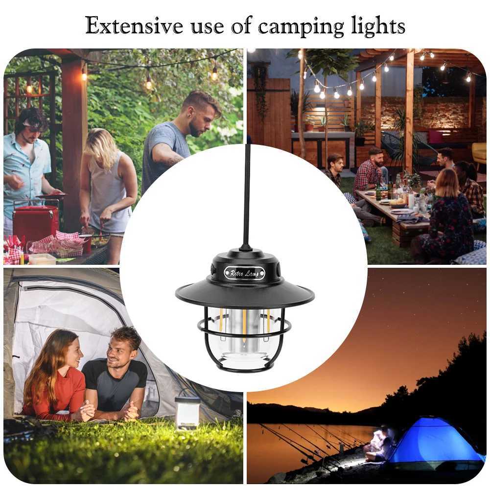 Retro Camping Lantern IPX4 Waterproof Hanging Light with Four Gear Stepless Dimming and Type C Charging for Outdoor Adventures W250613