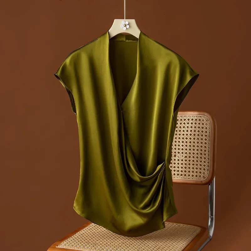 Mulberry Silk Summer Tops Loose Silk Short Sleeved T-shirts Womens V-neck Satin Women T Shirt Silk 250609