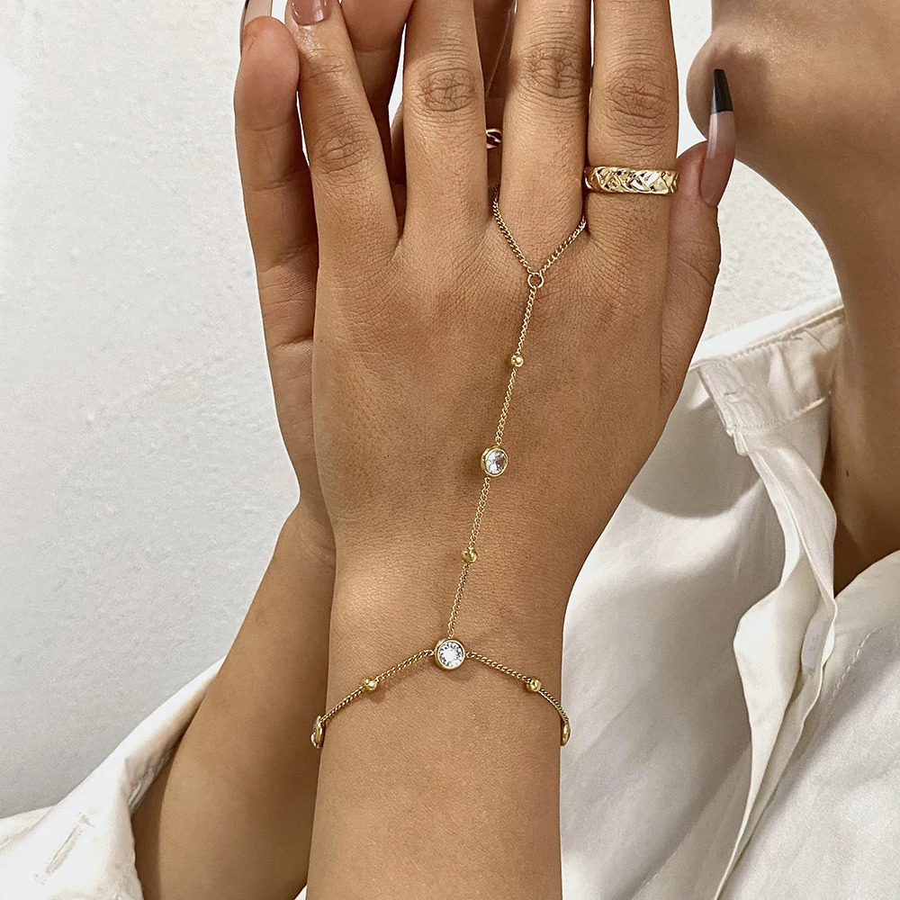 Bohemia Stainless Steel Ring Bracelet Round Rhinestone Hand Chain Bracelet Elegant Gold Plated Summer Hand Jewelry Gift 250610