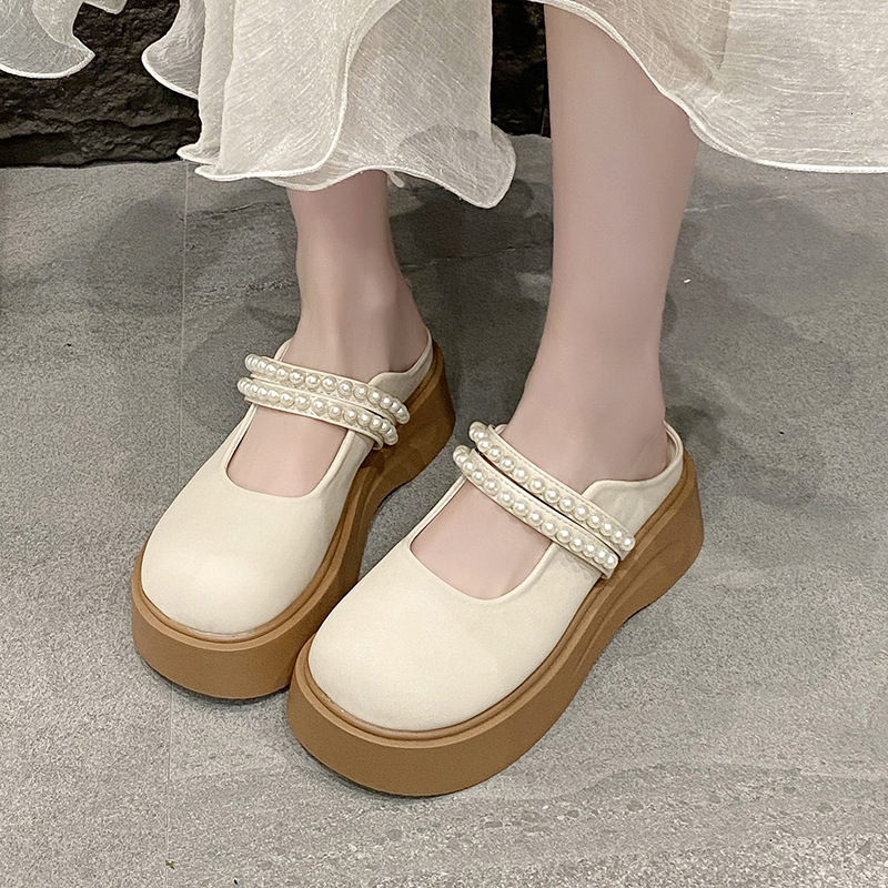 Ddmysports Spring Summer French Closed Toe Mules For Women New Pearl Fairy Style Thick Soled Mary Jane Sandals Outdoor Shoes