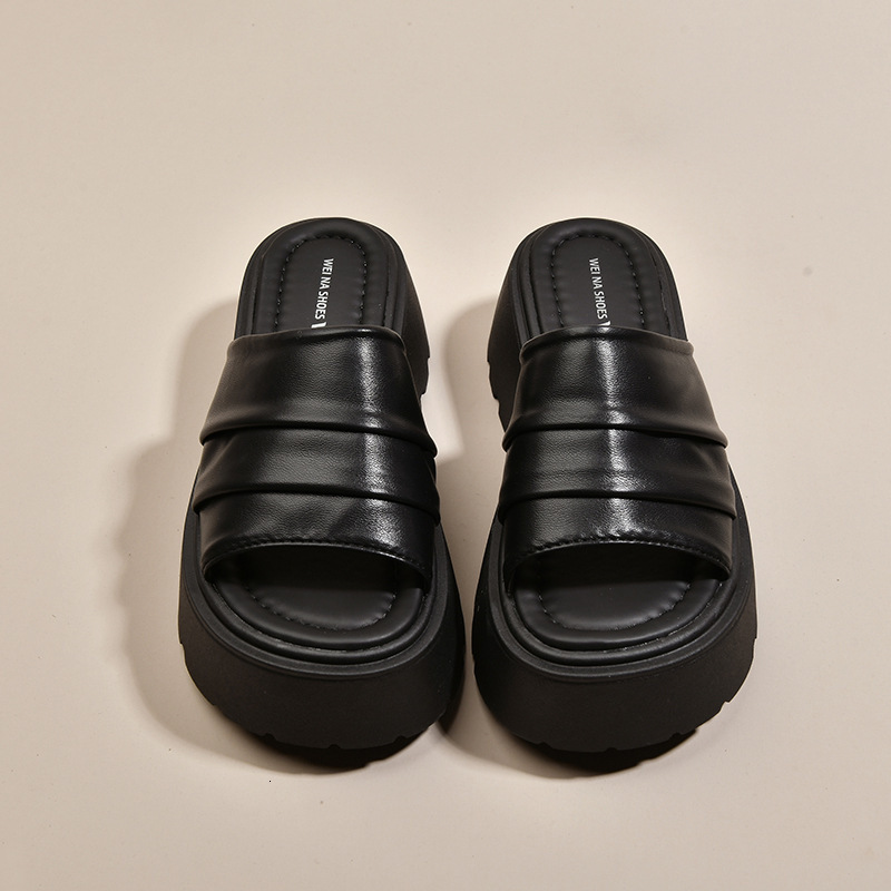 Ddmyoutdoor Wrinkled Leather Thick Soled One Strap For Women Summer New Versatile Casual Outdoor Platform Height Increasing Sandals Outdoor Shoes