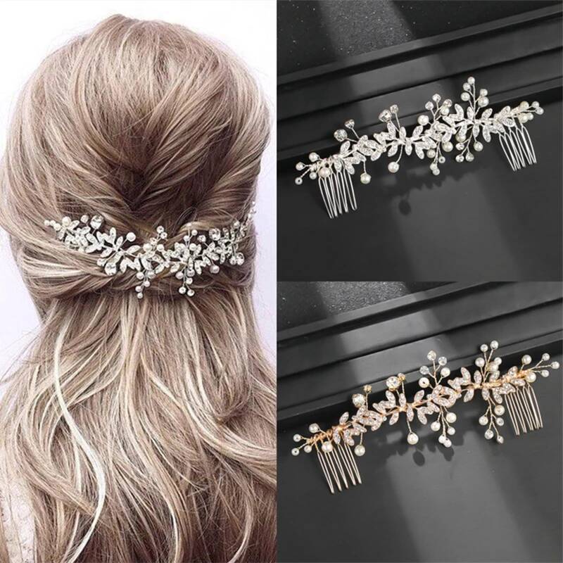 Pearl Leaf Crystal Comb Hairpin Headband Tiara For Women Bride Queen Party Wedding Bridal Hair Accessories Jewelry