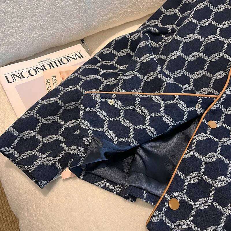 Trendy Women's Knit Print Patchwork Leather Denim Coat Autumn Fashion Lapel Long Sleeves Jacket Female 1LS128