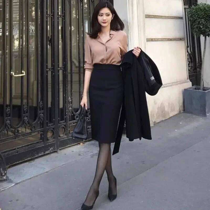 Lucyever Women Office Pencil Skirts New Autumn Elegant Slim High Waist Black Ladies Korean Fashion Skinny OL Skirt