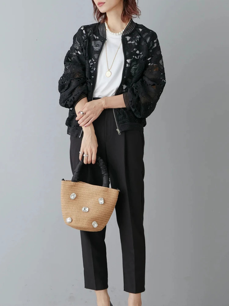 Hollow Out Lace Coat Women Ropa Mujer Long Sleeve Loose Korean Summer Y2k Tops Zipper Stand Neck Casual All Match Jackets 250611