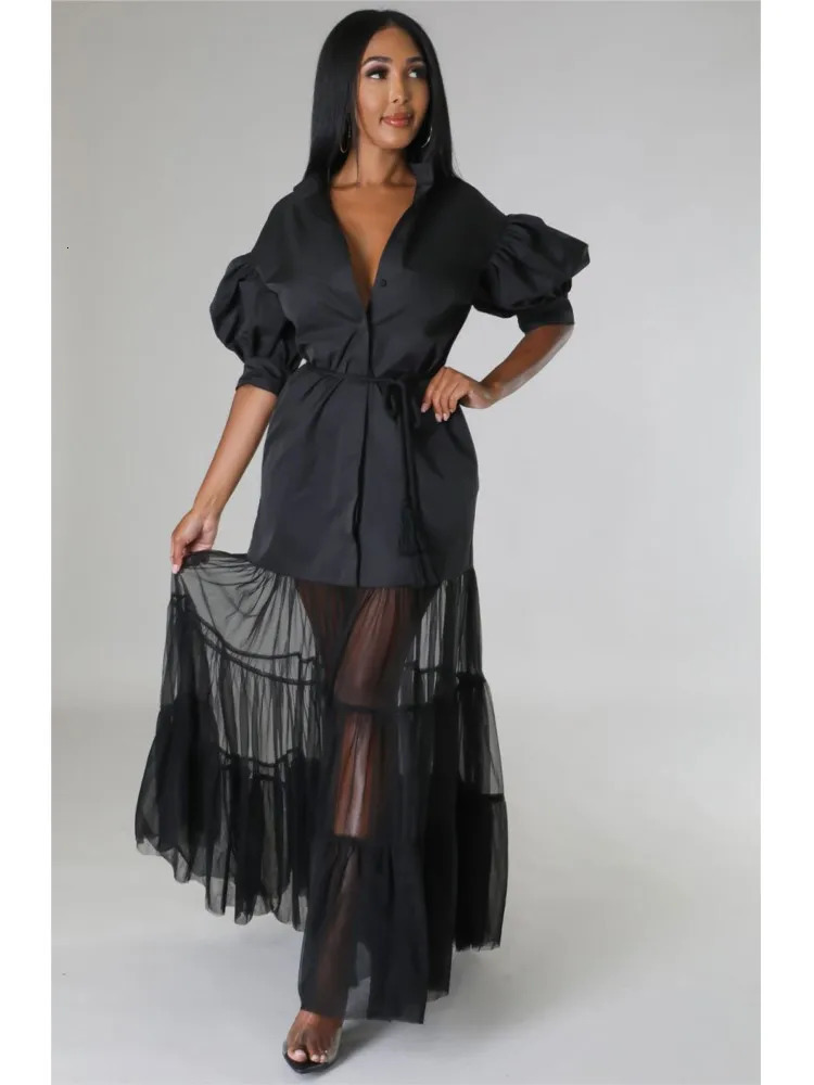 Fashionable White Lace Shirt Short Sleeve Dresses For WomenS Summer Elegant Laceup Pocket Long Dress Female 250611