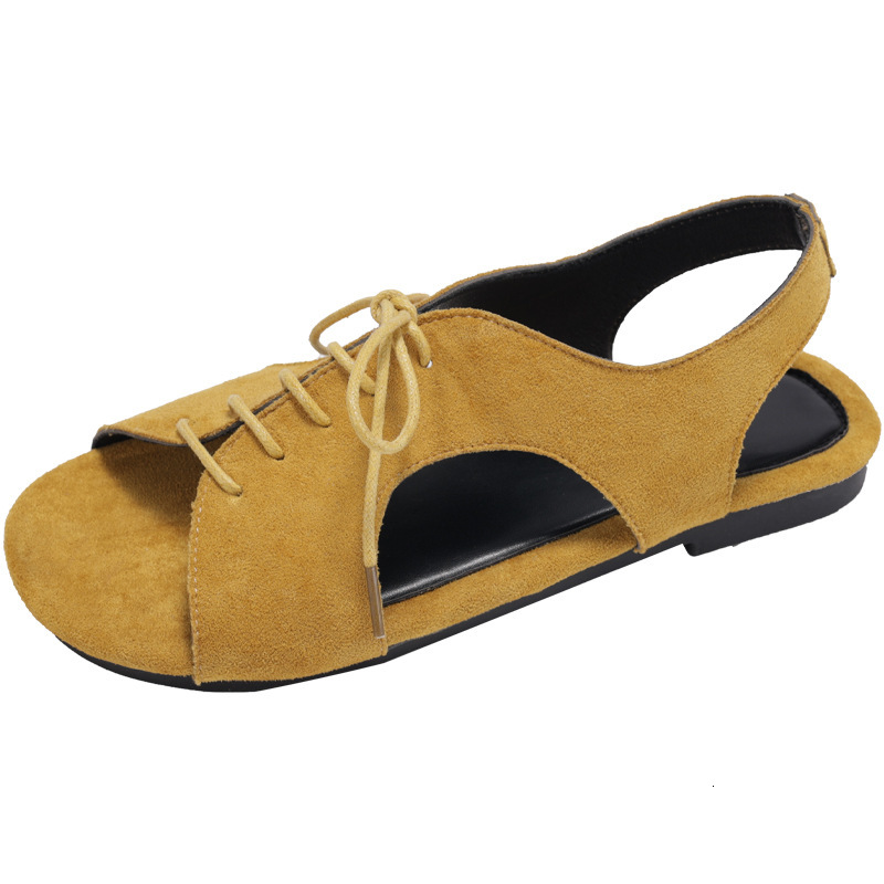 Ddmyoutdoor Summer New Open Toe Lace Up Women Soft Leather Versatile Square Strap Flat Sandals For Outdoor Wear Outdoor Shoes