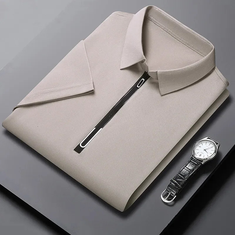 Mens Business Casual Zipper Short Sleeve Solid Color Polo Shirt Fashionable Warm Comfortable Four Seasons Versatile Top 250529