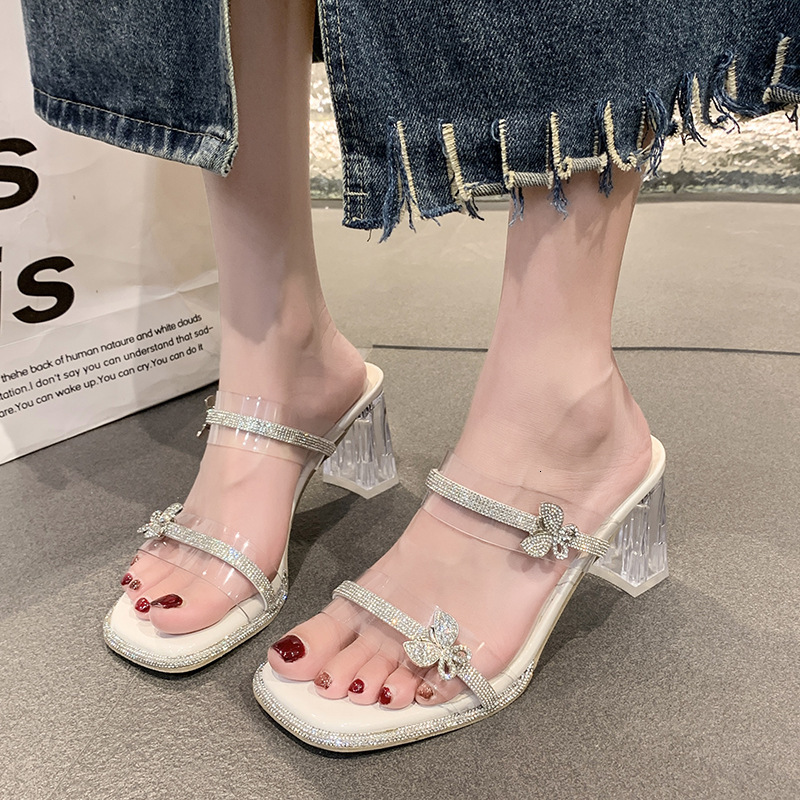 Ddmysports Fairy Style Crystal Chunky Heel For Women Outdoor Summer New Stunning Transparent Rhinestone Elegant One Strap Slippers Outdoor Shoes