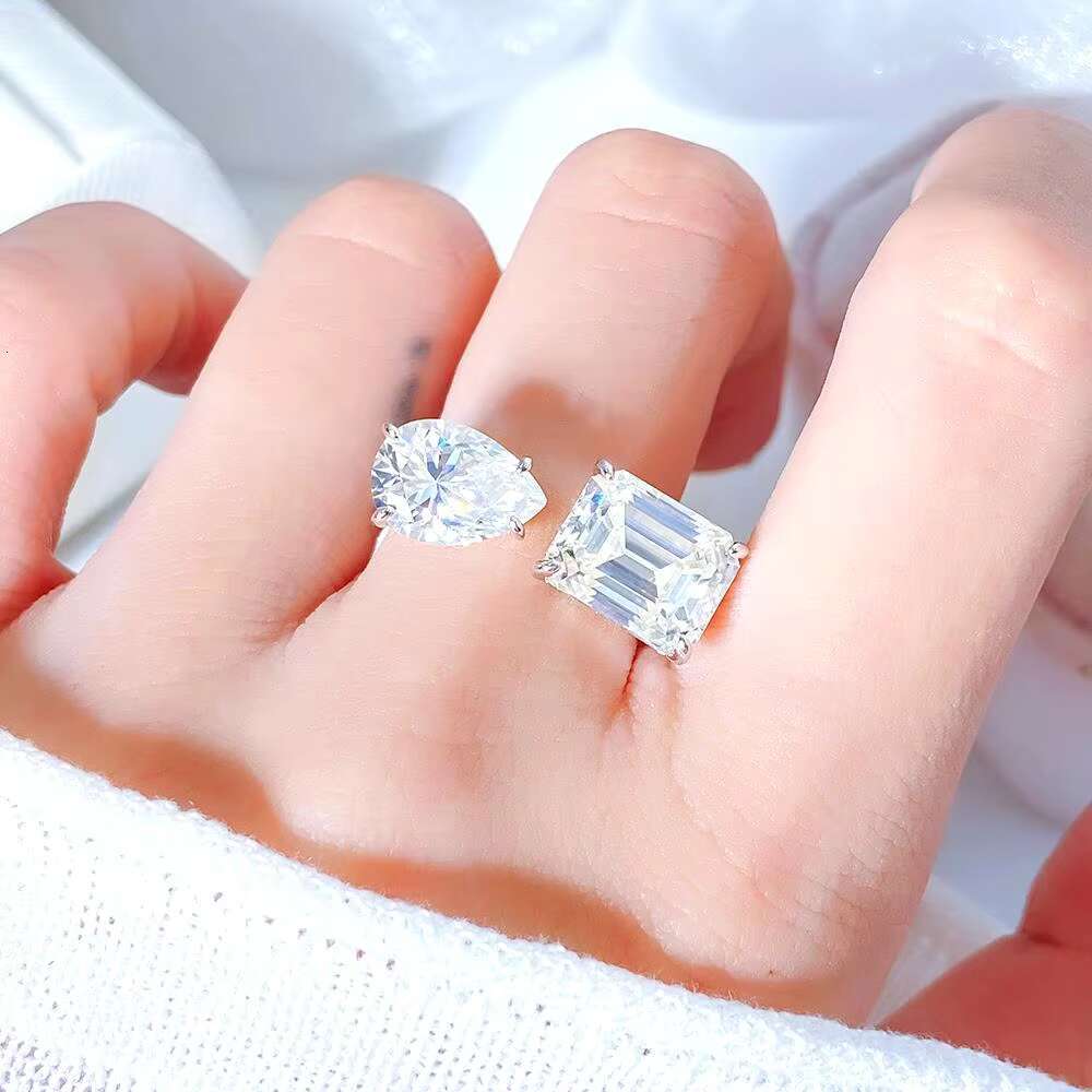 FOXI Waterdrop Moissanite Ring Inspired Wedding Open Adjust Rings Emerald and Pear Cut Moissanite Diamond Sterling Silver Ring