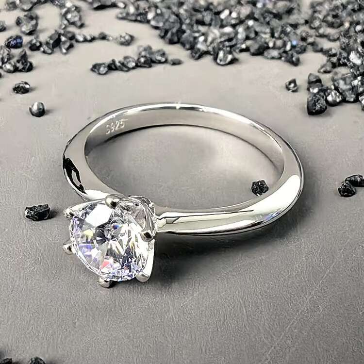 Factory Direct Sale Fine Jewelry Classic Rhodium Plated 925 Sterling Silver Round Brilliant Moissanite Ring for Women Wedding