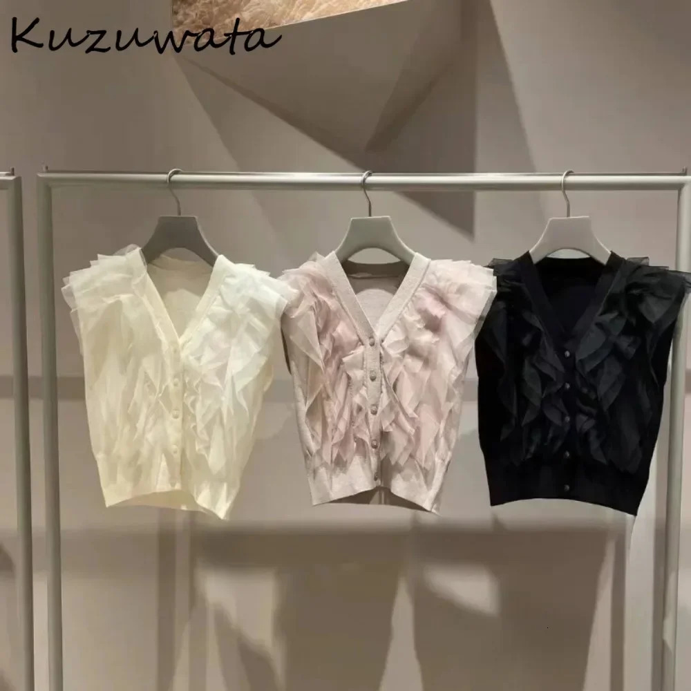 Kuzuwata Sweet V Neck Sleeveless Patchwork Jumper Knit Voile Single Breasted Allmatch Cardigan Japanese Fresh Ruffles Sweaters 250612