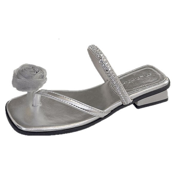 Ddmyoutdoor French Chunky Heel Slippers For Women Summer New Fairy Style Flower Rhinestone Toe Ring Dress Sandals Outdoor Shoes
