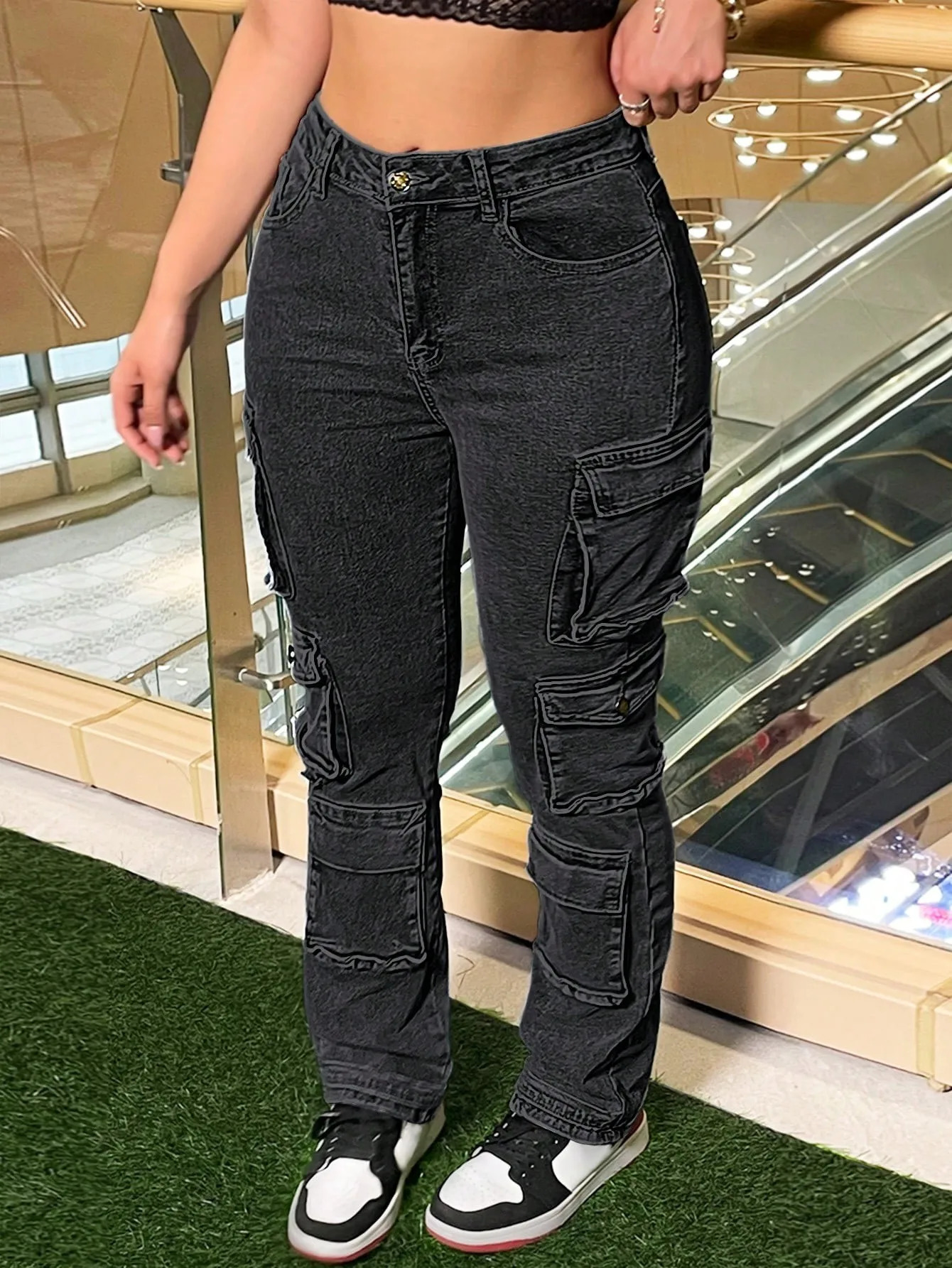 Women Y2K Street Cargo Style SlimFit Jeans Stretchy Button Zipper Side Pockets Casual Fashion Comfortable Denim PantsBlack 250612