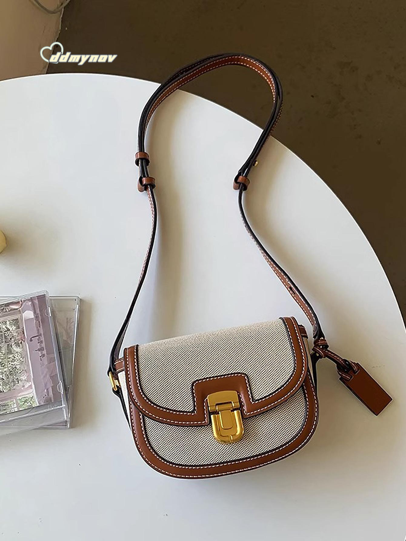 2025 New Spring Summer Beach Color Block Canvas Saddle Versatile Ins Style Shoulder Crossbody Bag ddmynov