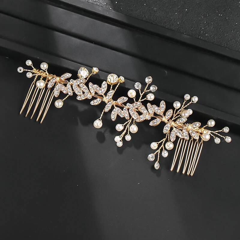 Pearl Leaf Crystal Comb Hairpin Headband Tiara For Women Bride Queen Party Wedding Bridal Hair Accessories Jewelry