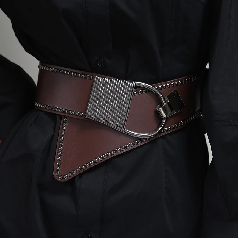 Ladies diagonal wide waistband black fashion rivet punk style versatile wide belt with dress decoration belt 250610