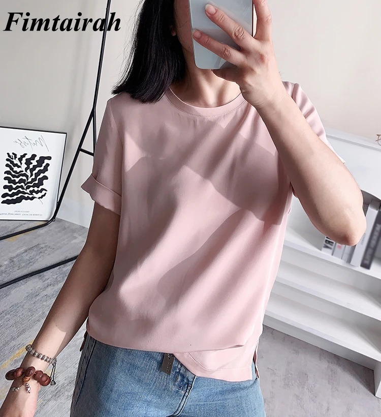 Fimtairah 6A 100% Full 32MM Not See Through 100% Mulberry Silk Top Blouse Summer Round Neck Short sleeve T-shirt woman 250609