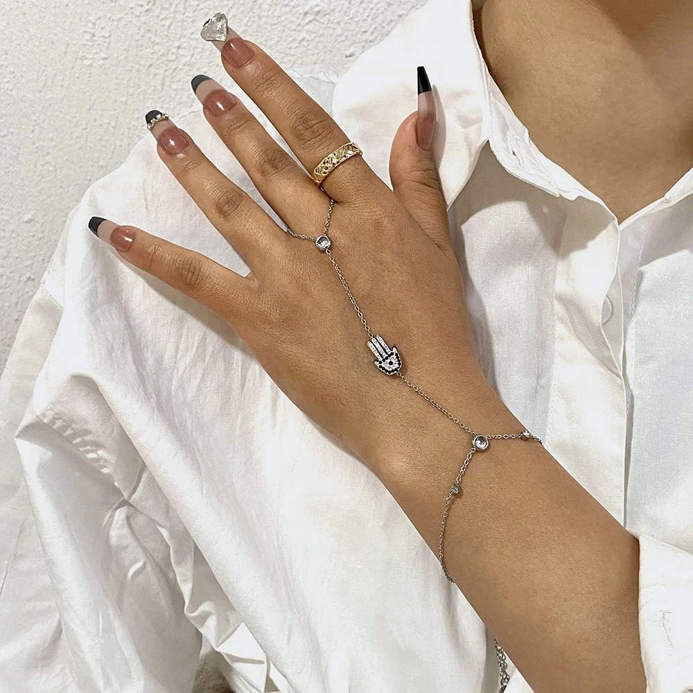 Devils Eye Palm Zircon Chain Bracelet for Women Link Connected Stainless Steel Finger Ring Bracelets Hand Harness Jewelry 250610