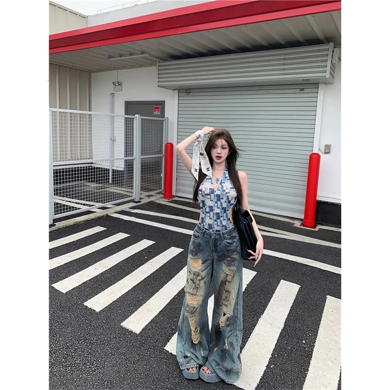 Y2K Ripped Jeans Women Vintage Streetwear Hole Wide Leg Denim Pants Harajuku Aesthetic Gyaru Baggy Straight Trousers Z260313