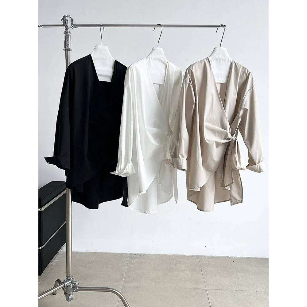 Women Black Bandage Elegant Irregular Big Size Blouse New V-neck Long Sleeve Shirt Fashion Tide Spring Autumn