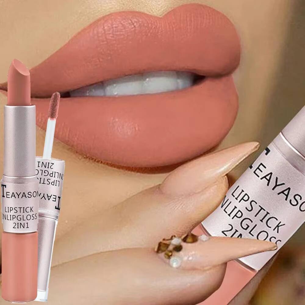 Dual-Ended Matte Lip Gloss Non-Stick Cup 2-in-1 Velvet Finish Lipstick Long-Lasting Smudge-Proof Nude Pink Lips Korean Makeup happy