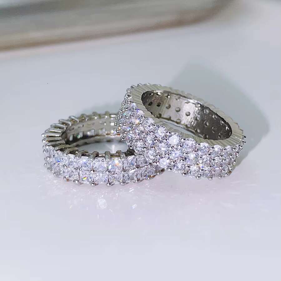 FOXI Tennis Double Row Princess Square Moissanite Eternity Ring 925 Sterling Silver Moissanite Diamond Eternity Band Ring