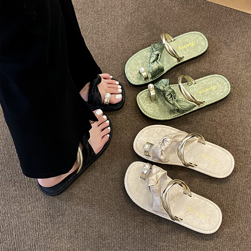 Ddmyoutdoor Women S Summer Sandals New Outdoor Chinese Style Toe Ring Beach Large Size Pearl One Strap Flat Shoes Outdoor Shoes