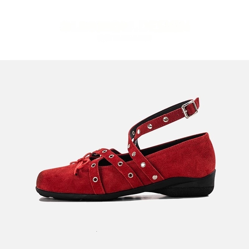 Ddmysheep Ddmysheep Red Cross Strap Bowknot Small Single Shoes For Women Spring New Shallow Mouth Rivet Ballet Flats