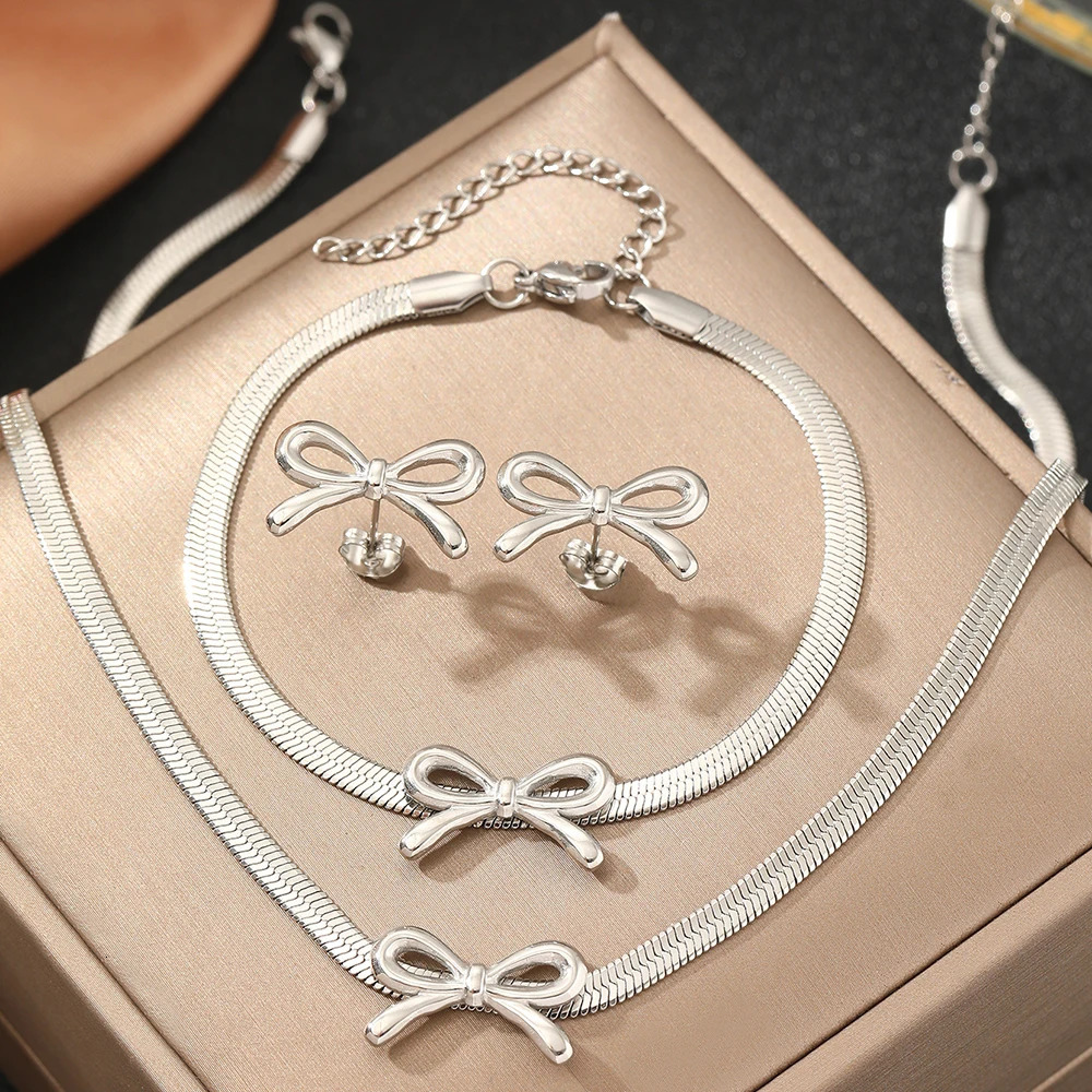 Stainless Steel Jewelry Set Blade Chain Bow n Bracelet Necklace Earrings 3 Piece Jewelry Set For Women Jewelry Party Gifts 250609