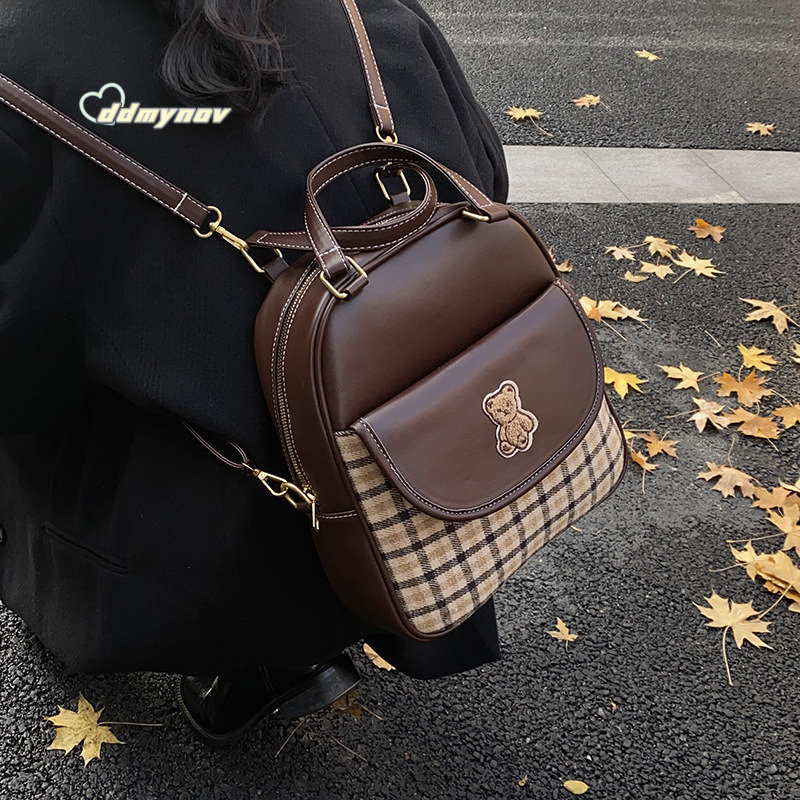Trendy Simple Backpack Women's Handbag Single Shoulder Crossbody Bag Versatile Texture Personality Bear Embroidery ddmynov