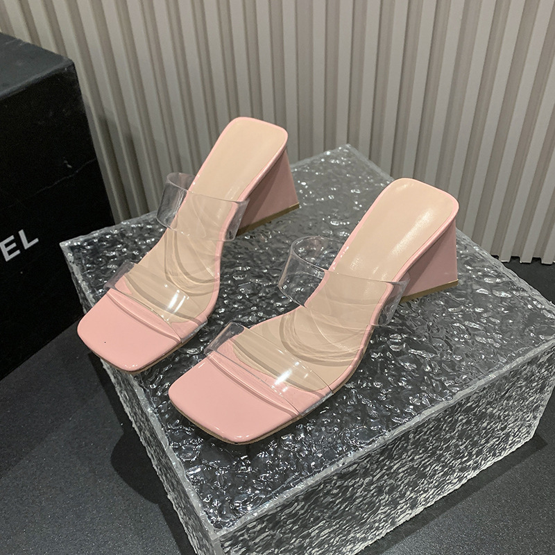 Ddmyoutdoor Fairy Style Transparent Heels Summer New One Strap High Slippers Crystal Chunky Heel Sandals For Women Outdoor Shoes