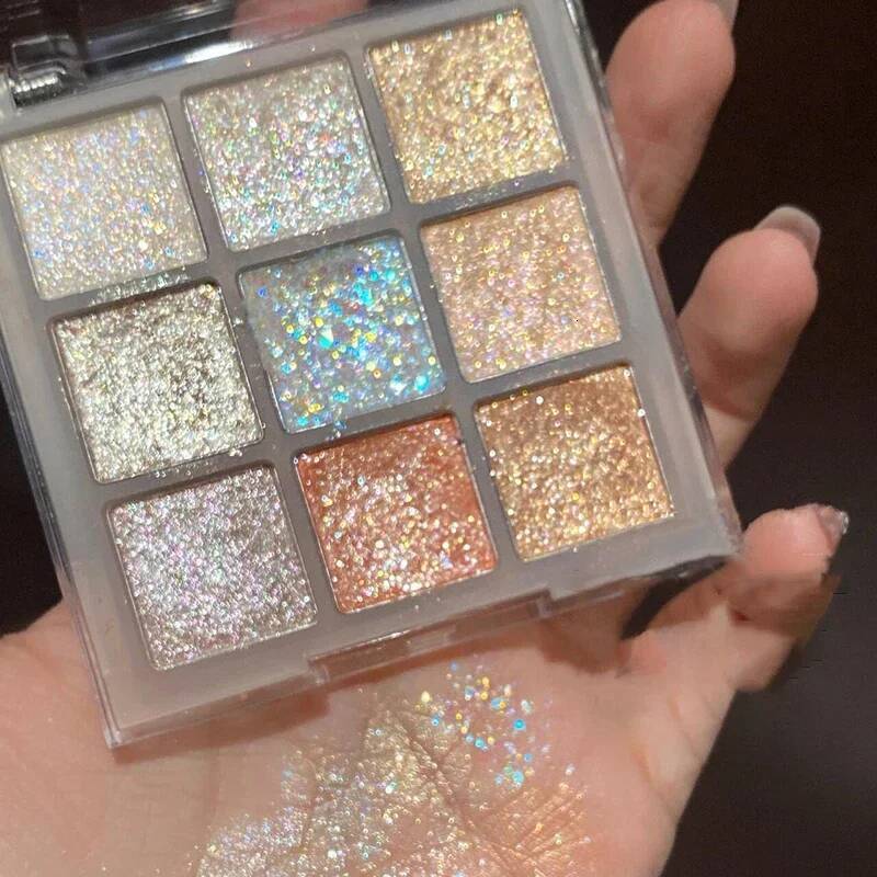 9-Color Glitter Eyeshadow Palette Champagne Pink Pearly Eye Shadow Shimmer Highlights Cool Tone Charming Sparkling Eyes Makeup