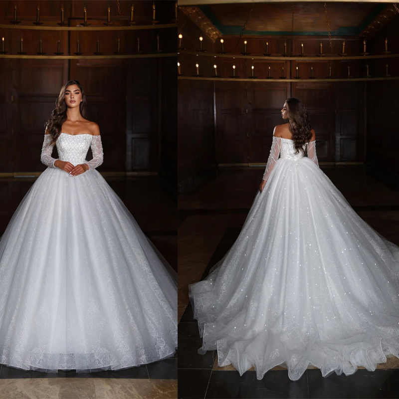 Sparkly A Line Women Wedding Dress Off Shoulder Long Sleeves Bridal Gowns Sequins Appliques Sweep Train Dress Custom Made vestidos de novia