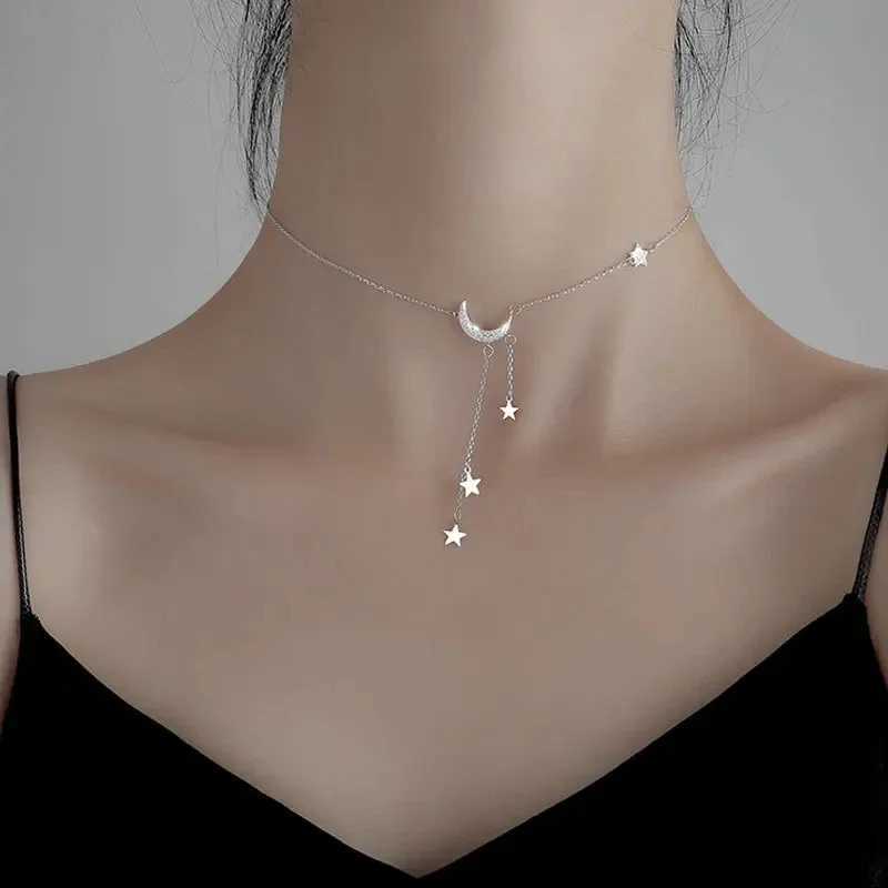 Exquisite Bling Silver Color Tassel Star Moon Necklace For Women Clavicle Chain Woman Jewelry Birthday Gift Accessories Z250614