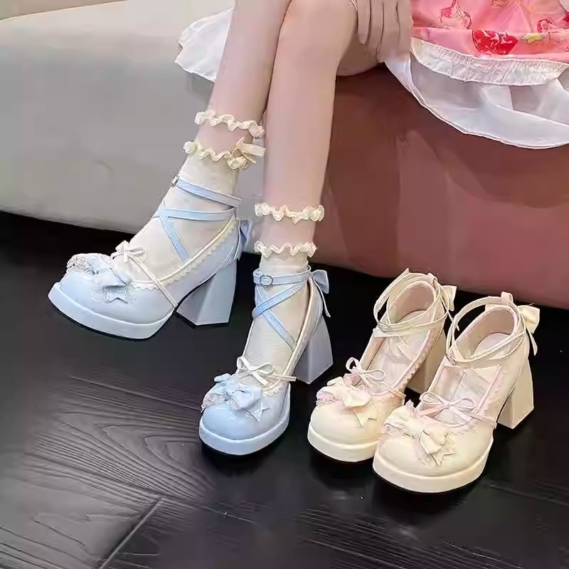 Ddmyoutdoor Ddmyoutdoor Elegant Mary Jane Waterproof Platform Chunky Heel High Heels Lace Up Bow Sweet Girl Lolita Shoes Outdoor Outdoor Shoes