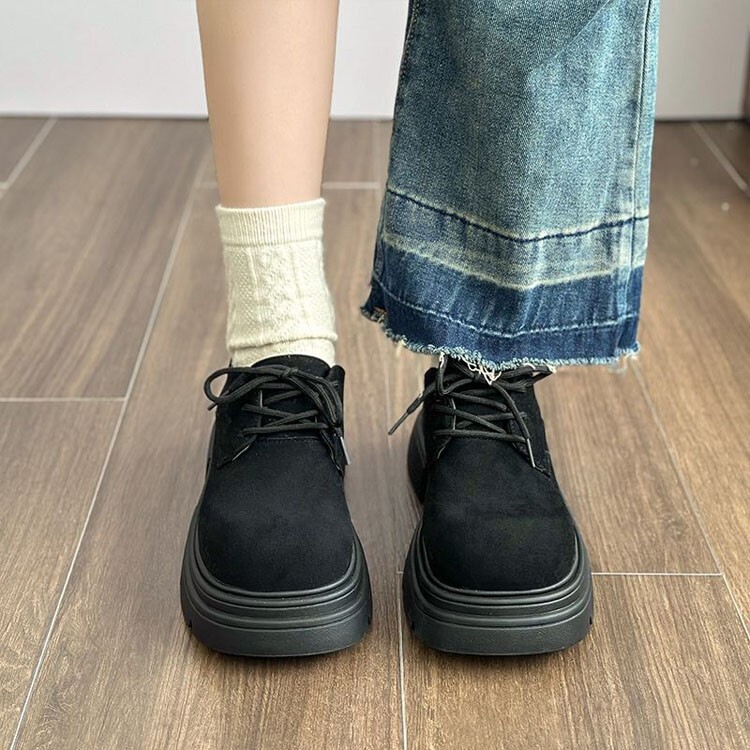 Ddmysports Brown Short Boots For Women Autumn Winter New British Style Versatile Platform Thick Sole Lace Up Chunky Leather Shoes Outdoor Shoes