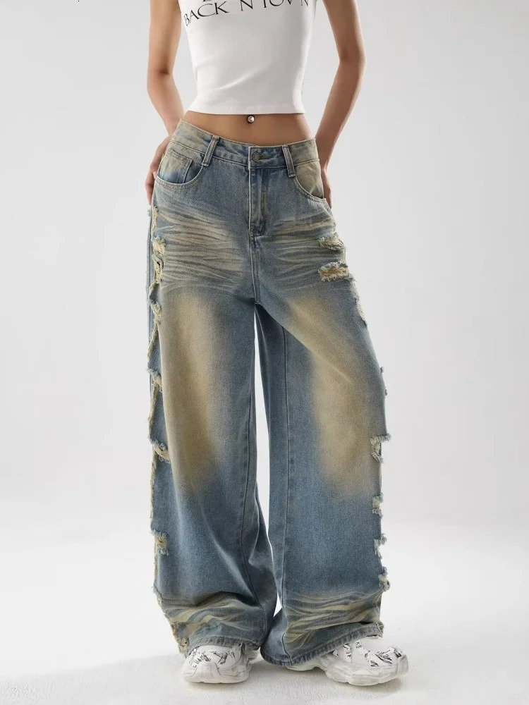 Y2K Clothing Grunge Distressed Blue Baggy Ripped Stacked Jeans Pants For Women 90s Vintage Clothes Wide Leg Lady Denim Trousers 250612