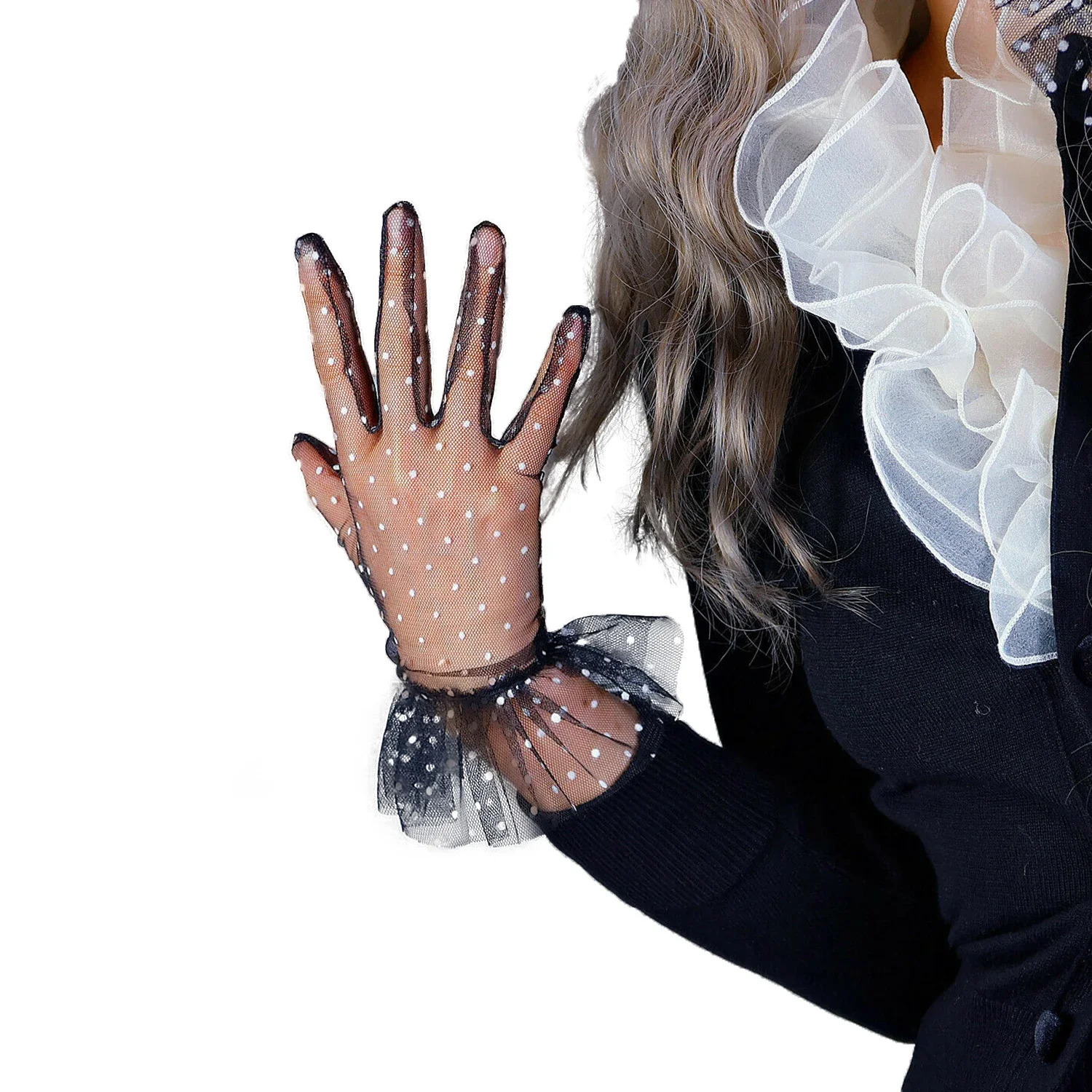DooWay Womens Black Lace Gloves with White Dots Ruffle Trim Tulle Mesh Semi Sheer TECH Party Evening Dancing Club Wedding Glove 250610