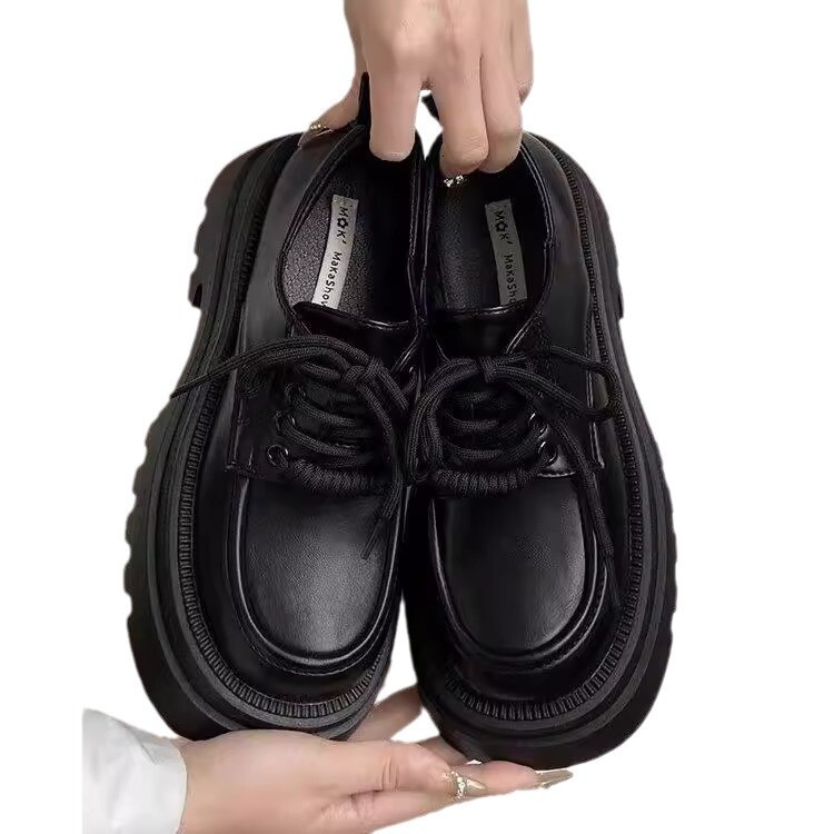 Ddmysports Black Round Toe British Style Thick Sole Women S Leather Spring Autumn French Height Increasing Single Shoes Outdoor Shoes