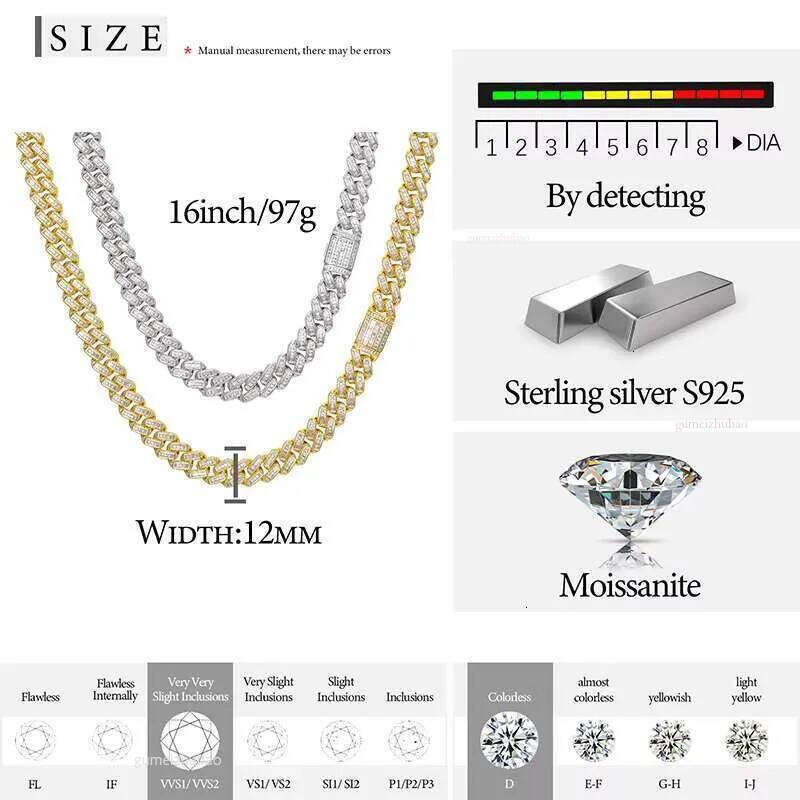 Hot Sale Rappers Hip Hop Jewelry 12mm Sterling Sier VVS Baguette Moissanite Dia Iced Out Cuban Link Chain Necklace