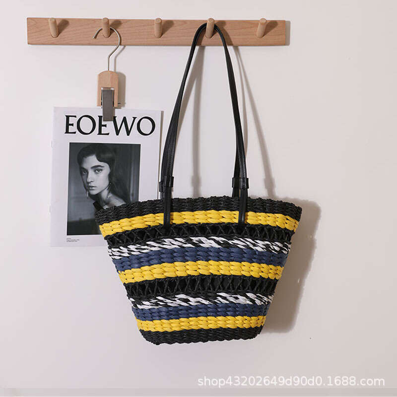 Straw Beach Tote French Hollow Out Single Shoulder Straw New Ethnic Style Color Block Handwoven For Women Vacation Beach Bag Straw Large Tote
