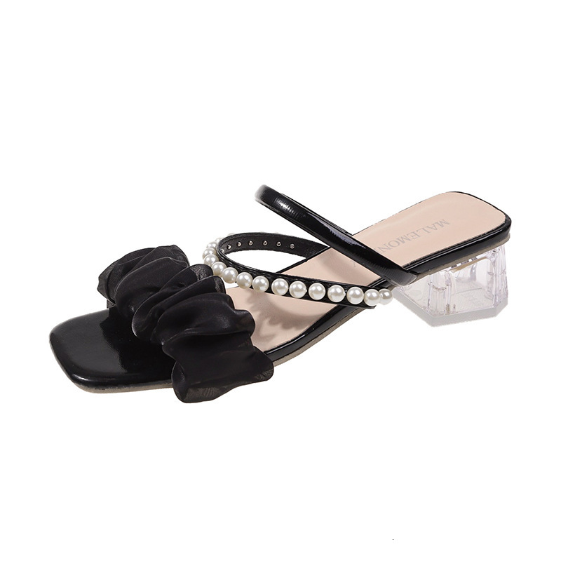 Ddmysports Summer New Women S Mid Heel Chunky French Versatile Outdoor Fairy Style Pearl Two Way Sandals Outdoor Shoes