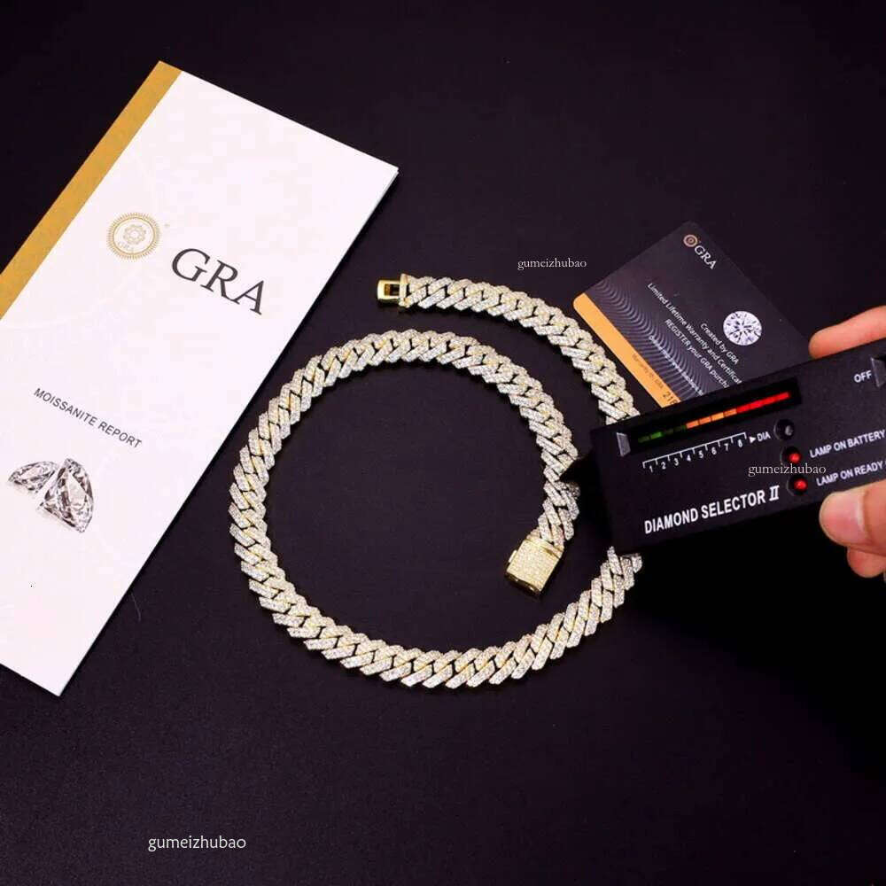 Designer Necklace Hip Hop 2 Rows Stones 14mm Sterling Sier White Gold Plated Iced VVS Dia Moissanite Cuban Link Chain Rock Jewelry Gift with Gra