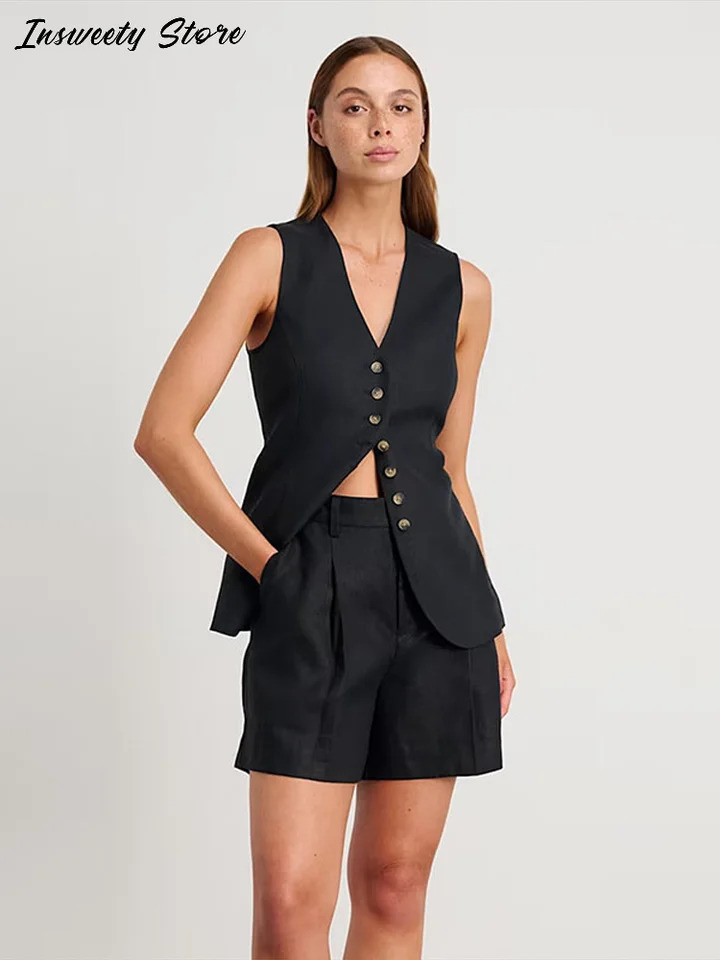 Casual Cotton linen Vest Shorts Set Women Single Breasted V-neck Tops High Waist Short Pants 2025 Spring Summer Lady Suit 250529