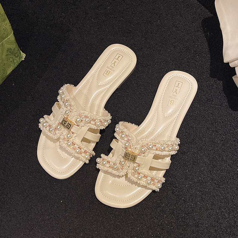 Ddmyoutdoor Summer New Style Small Fragrance Flat Slippers For Women Outdoor Spring Soft Sole Fairy Versatile Pearl Beach Sandals Outdoor Shoes